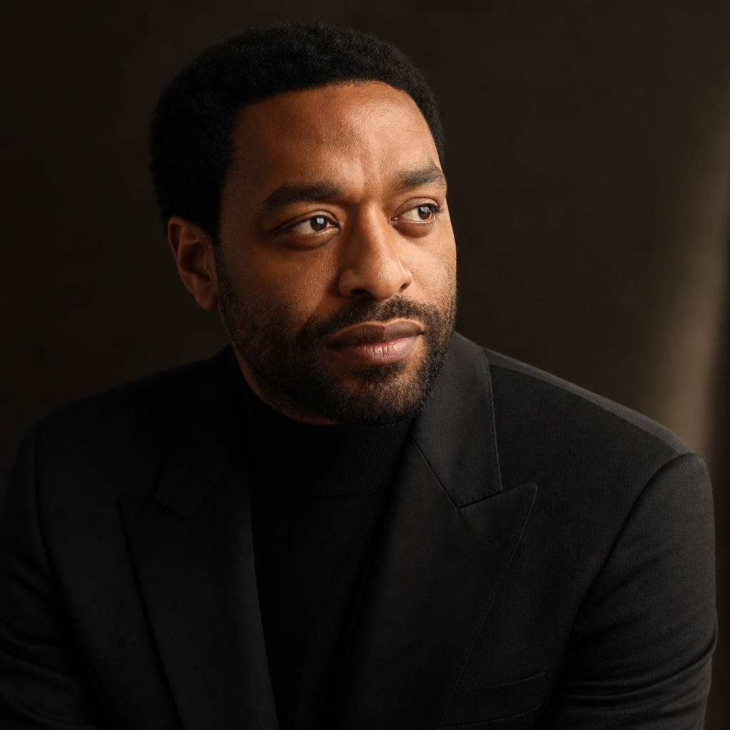 Cinematic portrait of Chiwetel Ejiofor in a black tailored jacket, contemplative expression, soft rim lighting with refined depth