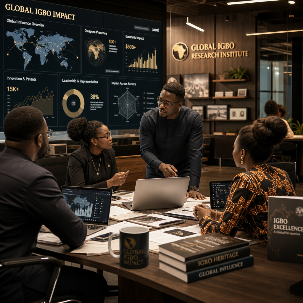 Documentary-style editorial image of Igbo analysts reviewing global impact dashboards in a modern research newsroom