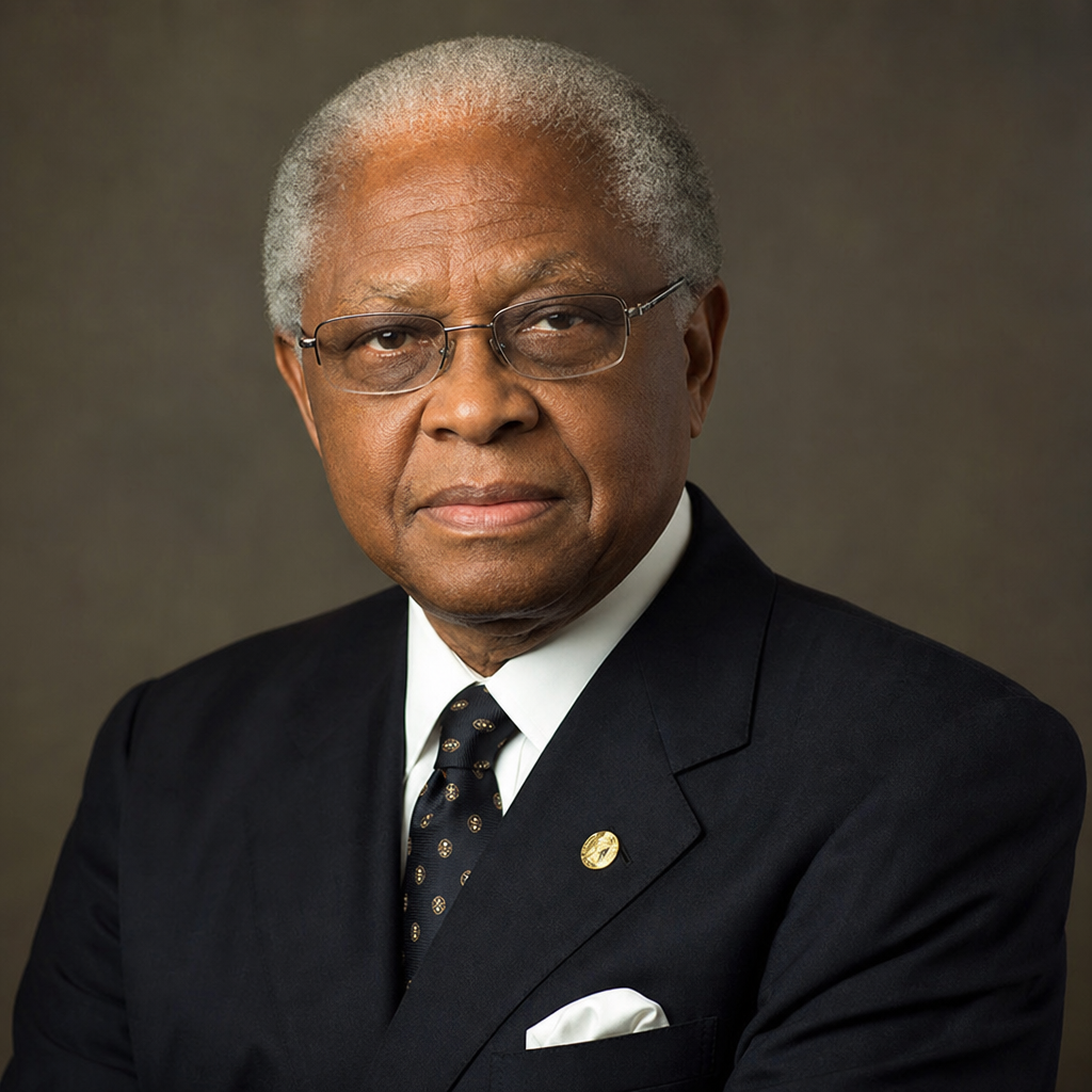 Distinguished editorial portrait of Emeka Anyaoku in a classic dark suit with a subtle lapel pin, diplomatic composure, soft studio lighting