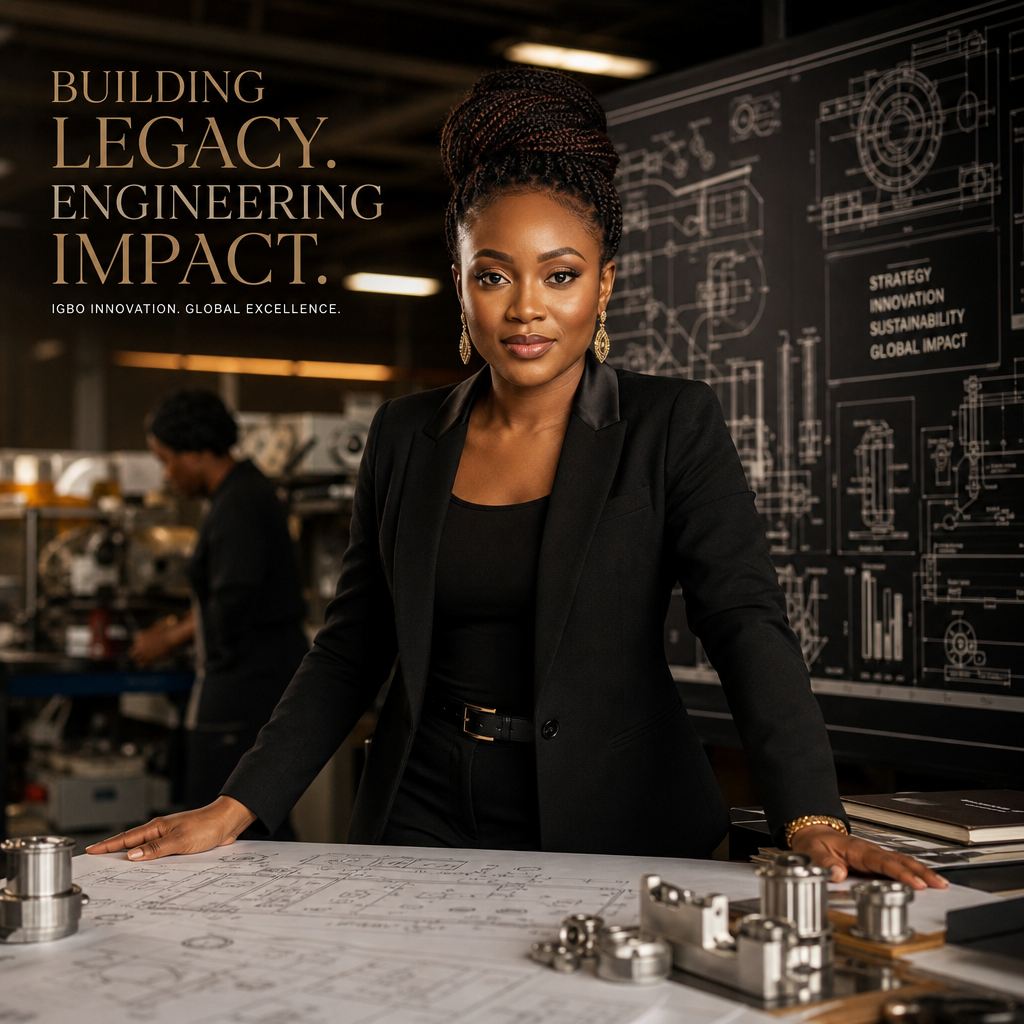 Premium editorial image of an Igbo woman entrepreneur in a high-end manufacturing strategy studio with production schematics and warm lighting