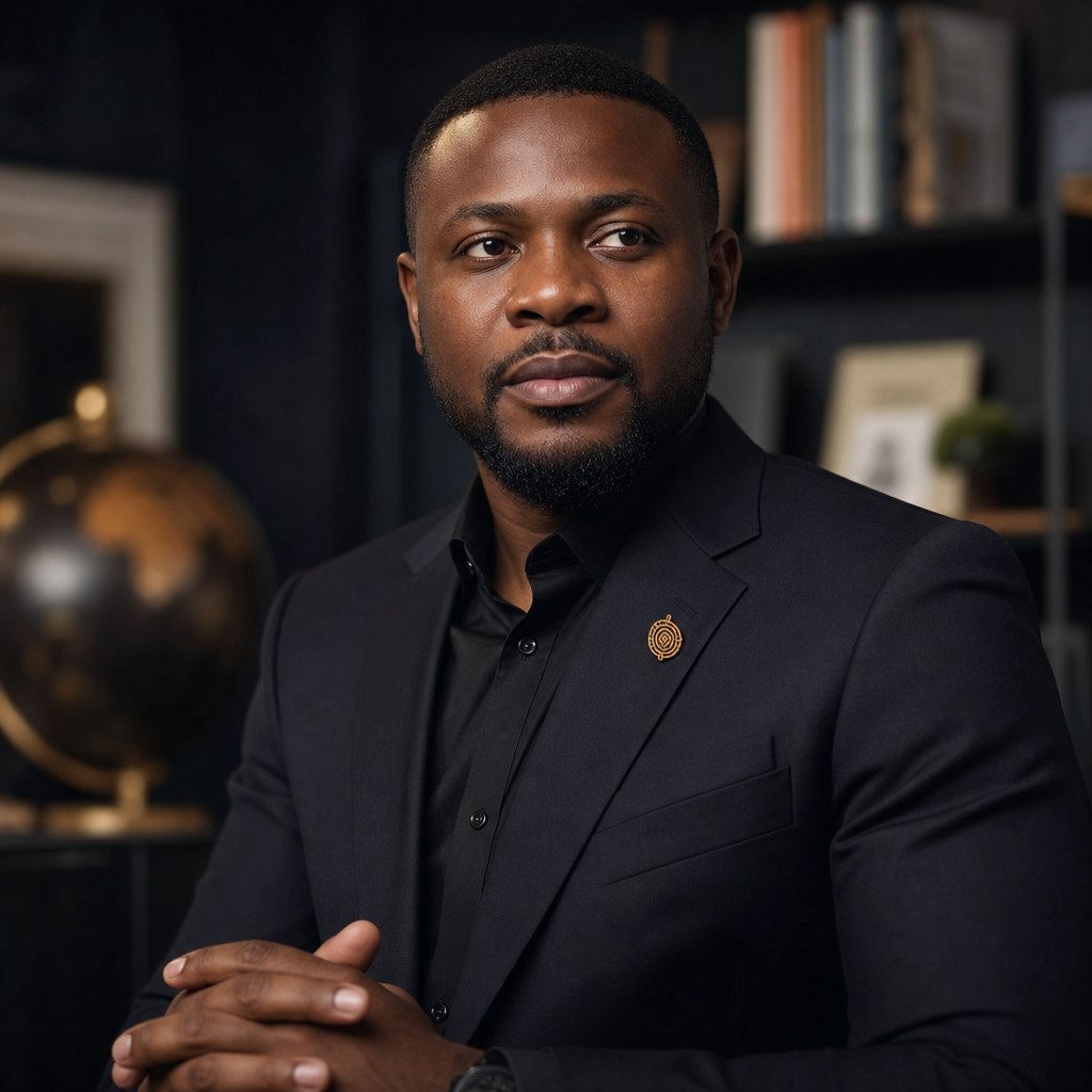Thoughtful Igbo technology executive in a dark tailored suit with gold lapel pin, cinematic portrait lighting
