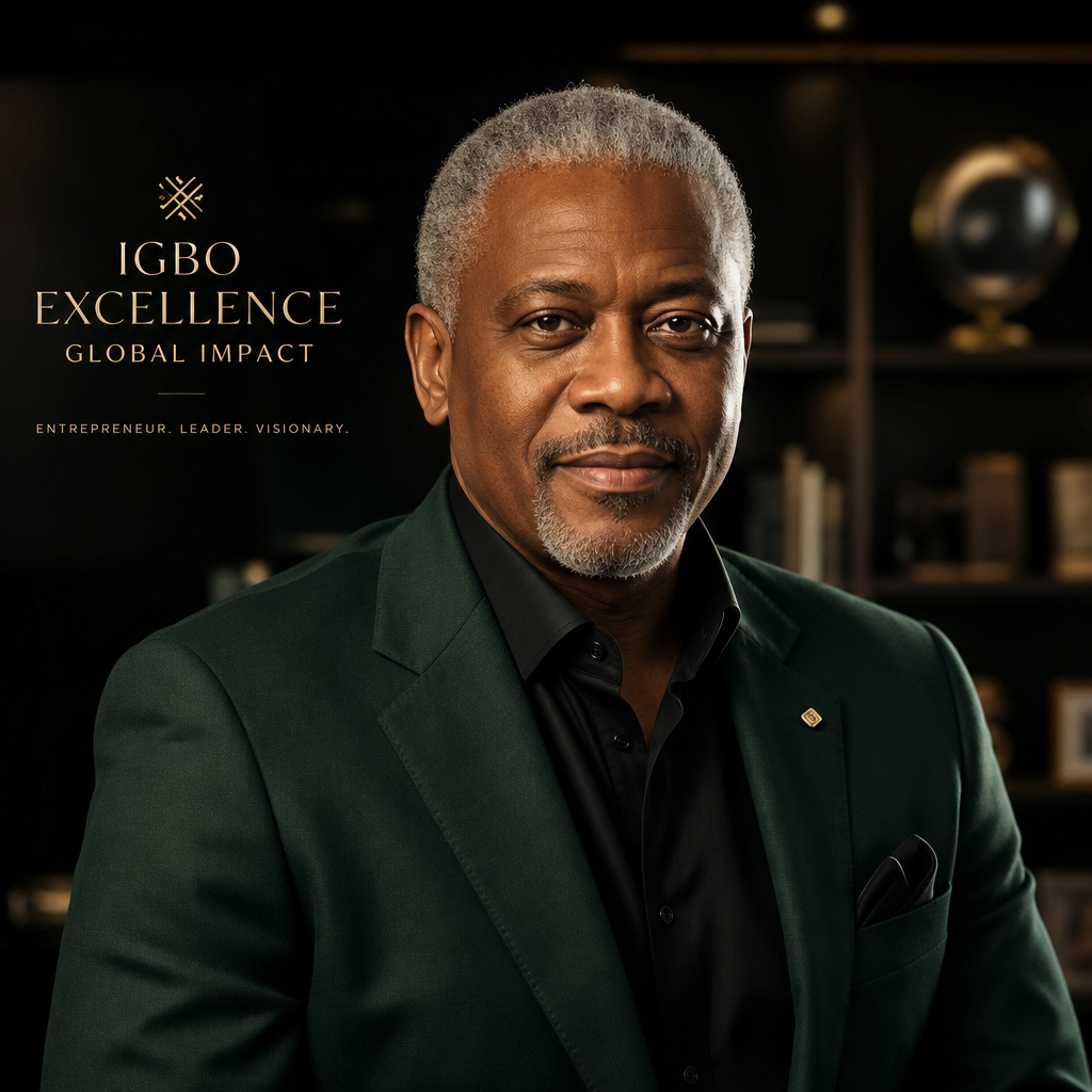 Distinguished Igbo entrepreneur with silver hair wearing a midnight green blazer, editorial portrait