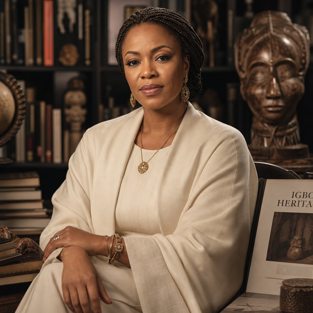 Igbo cultural historian in a warm ivory ensemble with braided hair, soft cinematic lighting