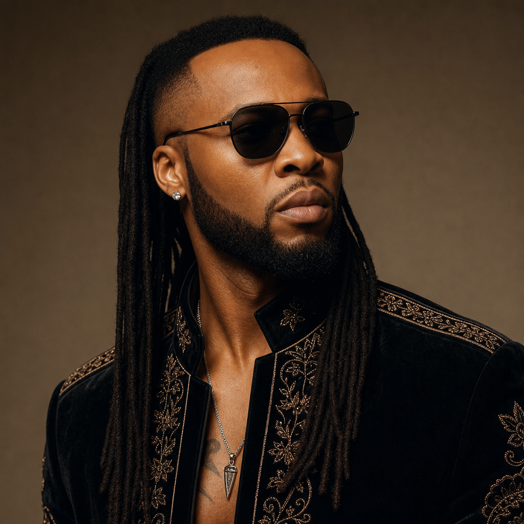 Cinematic editorial portrait of Flavour N'abania in a dark luxe jacket with subtle embroidery, confident stage-ready expression, soft warm lighting