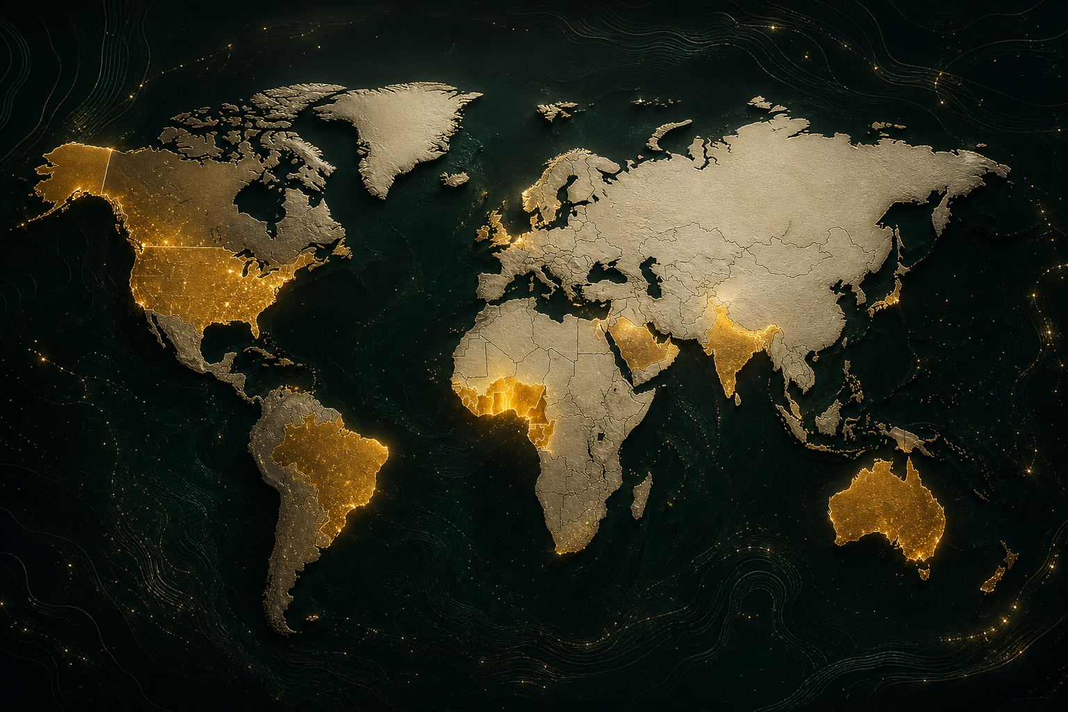 Cinematic dark world map with highlighted diaspora hotspots