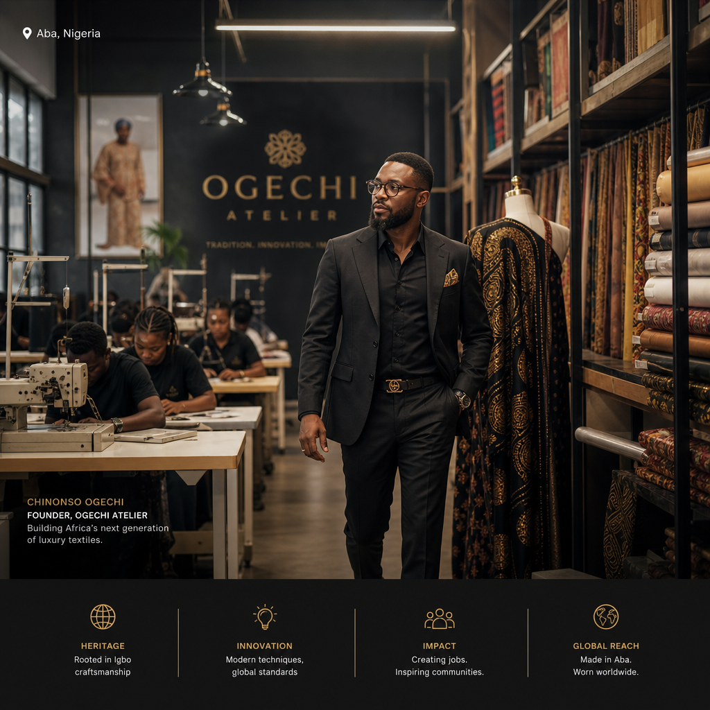 Cinematic editorial scene of an Igbo manufacturing founder walking through a refined textile atelier in Aba with warm industrial lighting