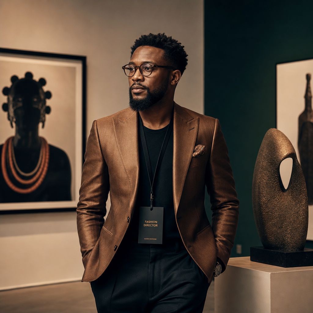 Cinematic portrait of an Igbo fashion director wearing a bronze jacket in a minimalist gallery
