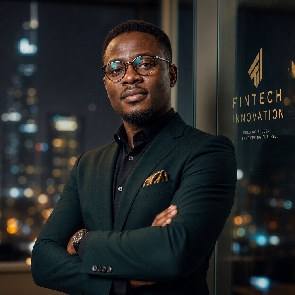 Portrait of an Igbo fintech entrepreneur with short hair, standing by a glass wall with city lights