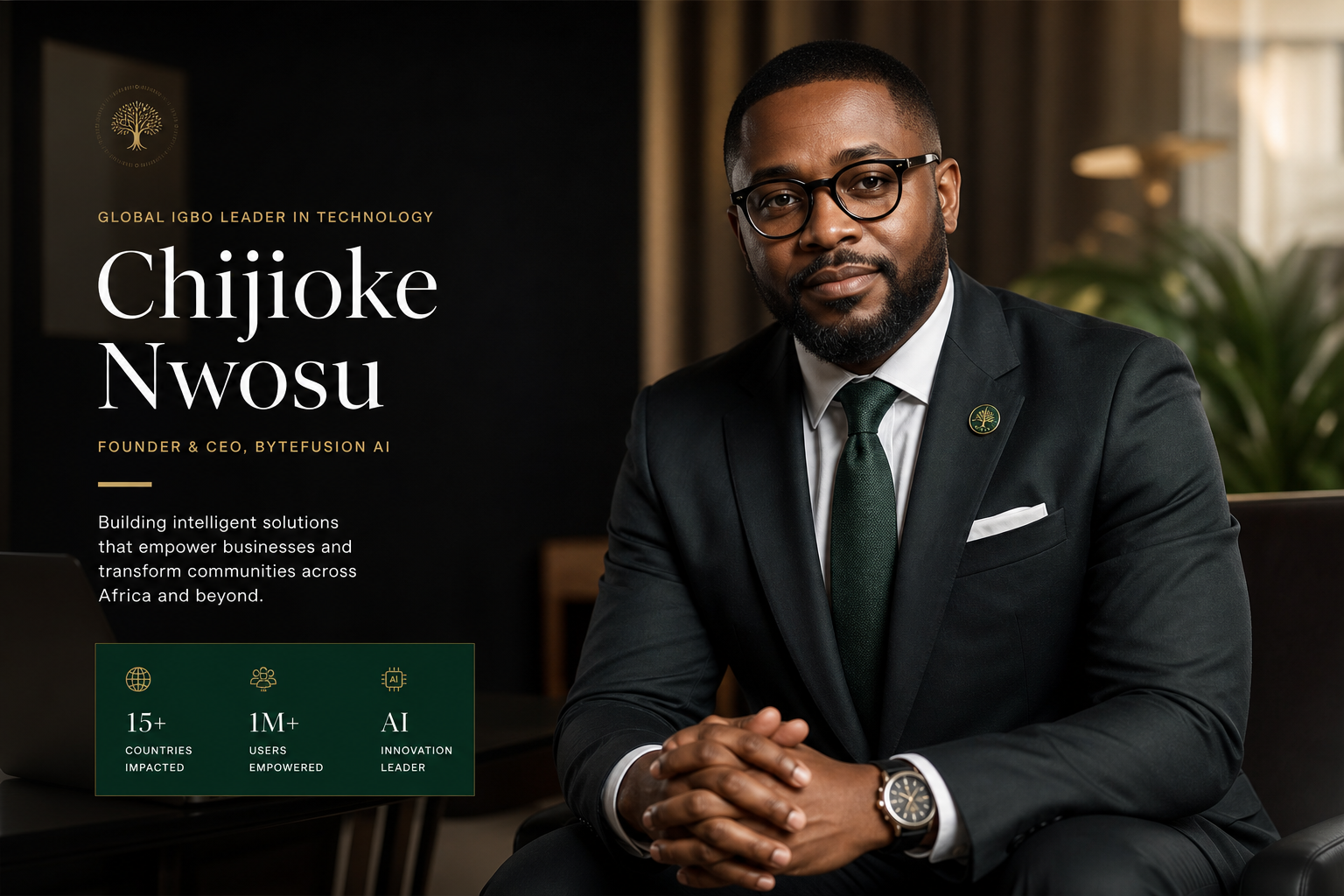 Portrait of a distinguished Igbo technology leader in a tailored dark suit, seated in a modern studio with soft cinematic lighting