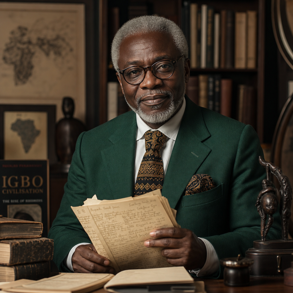 Studio portrait of an Igbo historian with silver hair, wearing a deep green blazer and holding archival notes