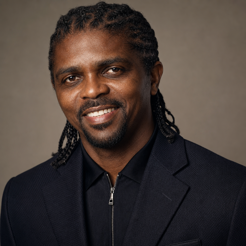 Athletic editorial portrait of Kanu Nwankwo in a tailored dark sports jacket, confident smile, soft studio lighting with warm highlights
