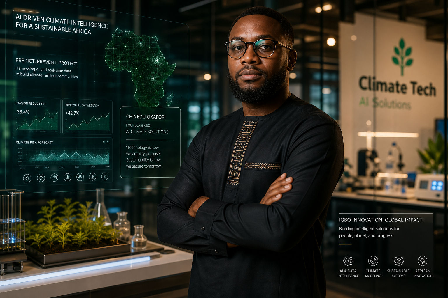 Cinematic editorial portrait of an Igbo AI founder in a modern climate-tech studio with holographic data displays and warm ambient lighting