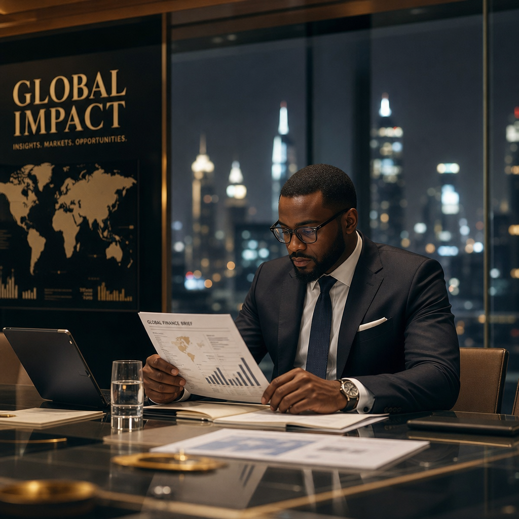 Elegant editorial photo of a distinguished Igbo executive in a boardroom reviewing global finance briefs with city lights in the background