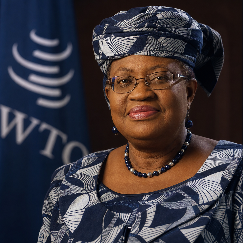 Distinguished editorial portrait of Ngozi Okonjo-Iweala in an elegant patterned headwrap and tailored suit, diplomatic calm and authority