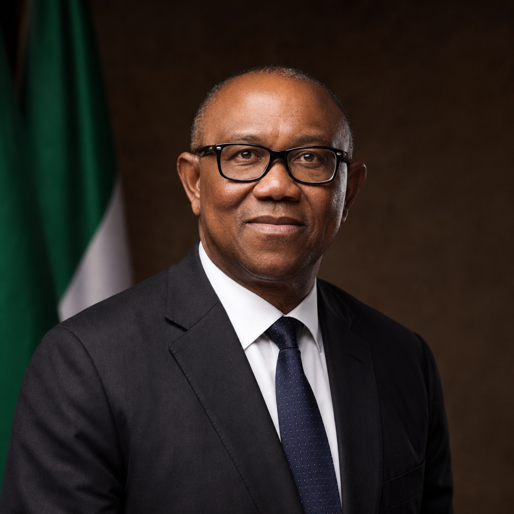 Presidential editorial portrait of Peter Obi in a dark tailored suit, composed statesmanlike expression, soft directional studio lighting