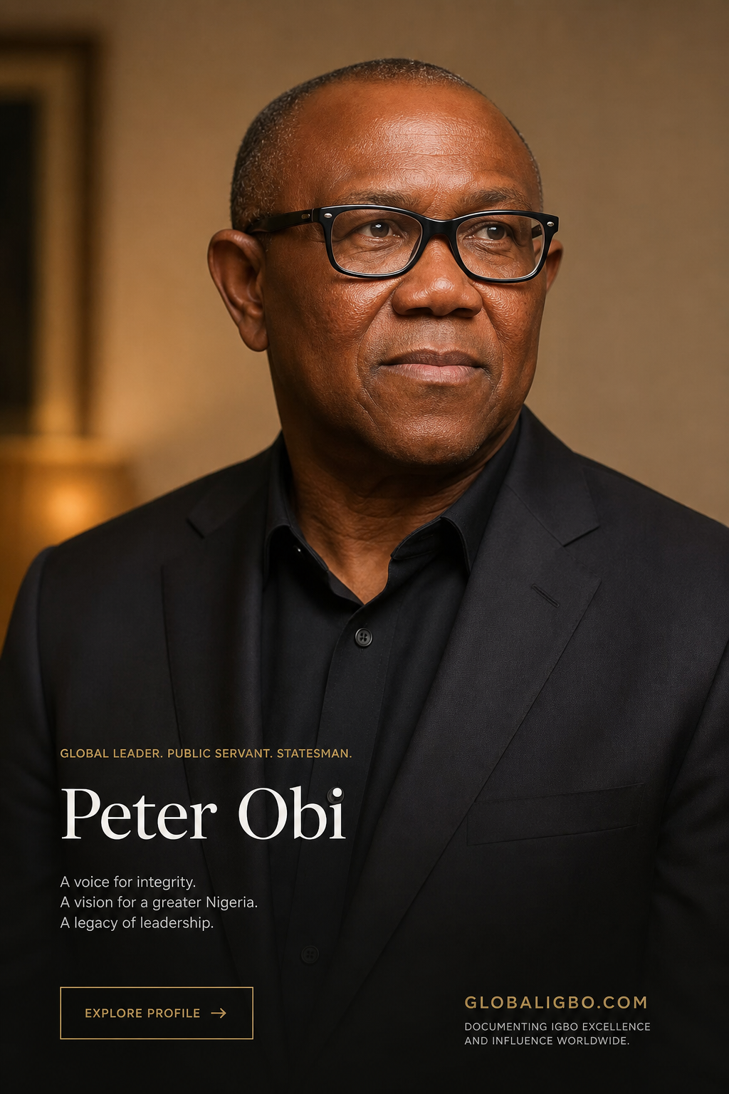Iconic portrait of Peter Obi, Nigerian statesman and reform-focused public leader