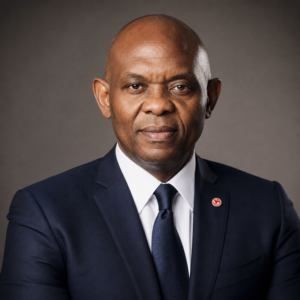 Premium editorial portrait of Tony Elumelu in a midnight suit with a subtle tie, composed entrepreneurial gaze, soft studio lighting