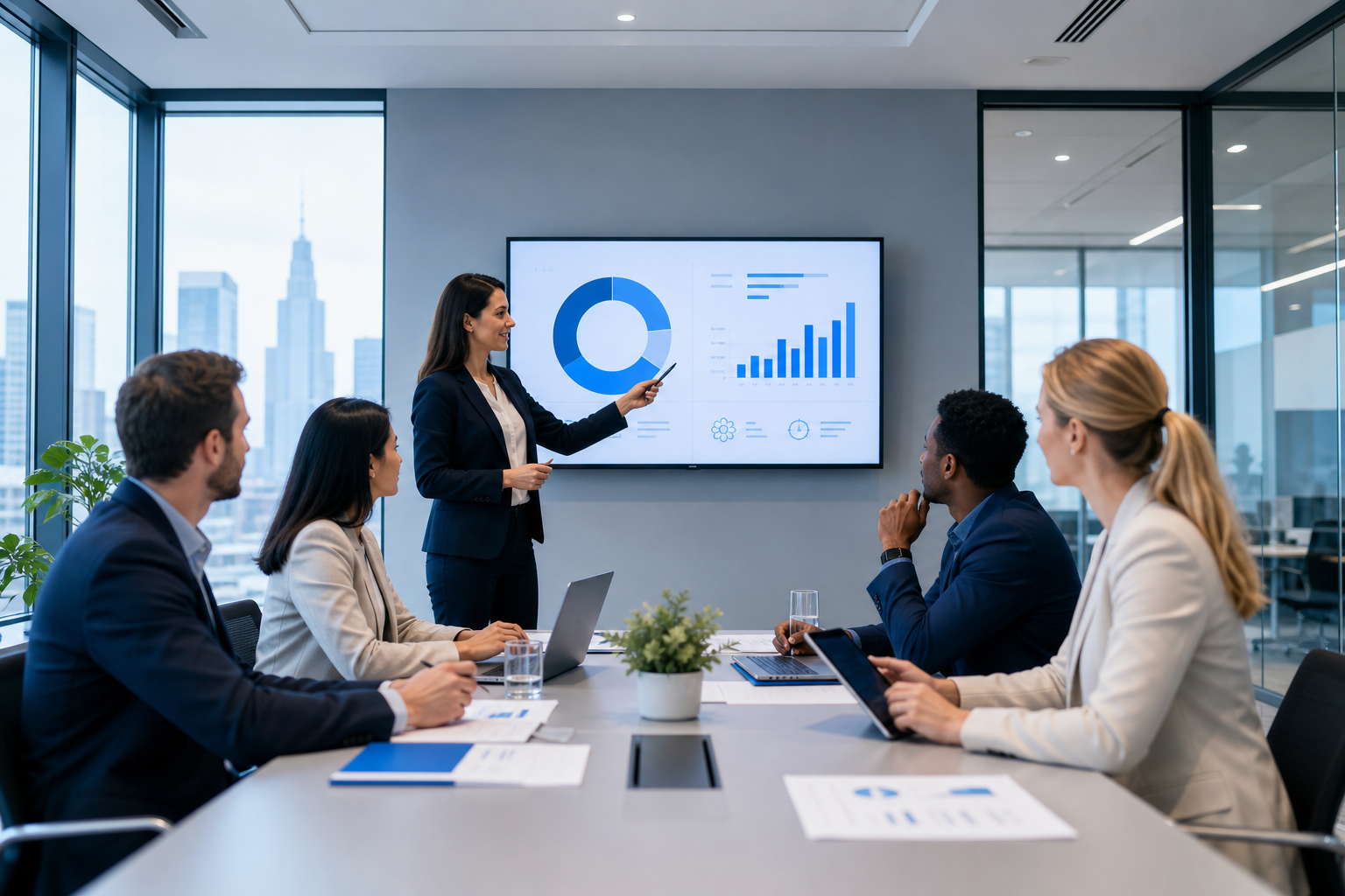 Modern corporate team meeting in a glass-walled office with a blue-accented presentation screen
