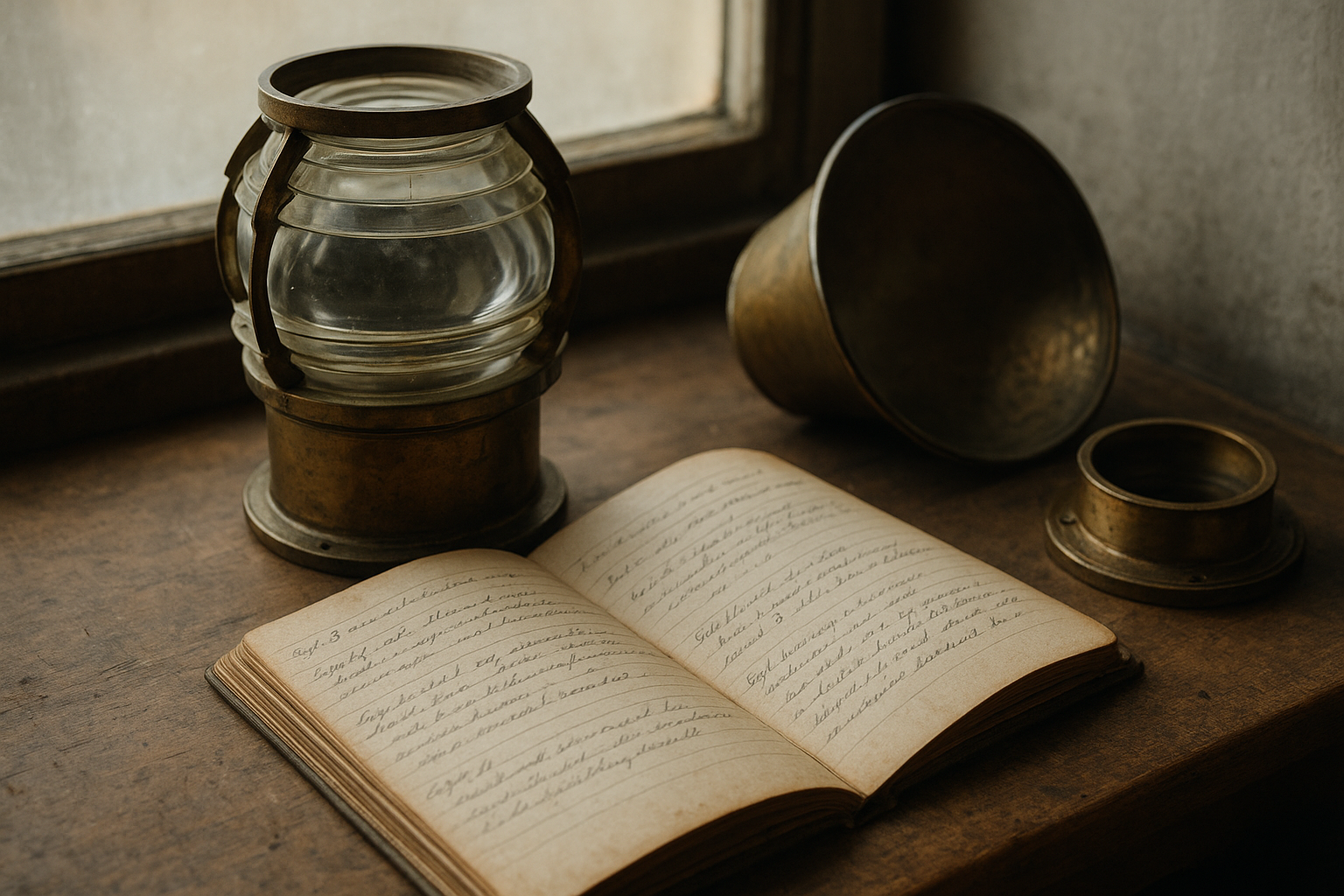 Close archival detail of a lighthouse lantern room ledger beside weathered brass fittings and hand-annotated maintenance notes