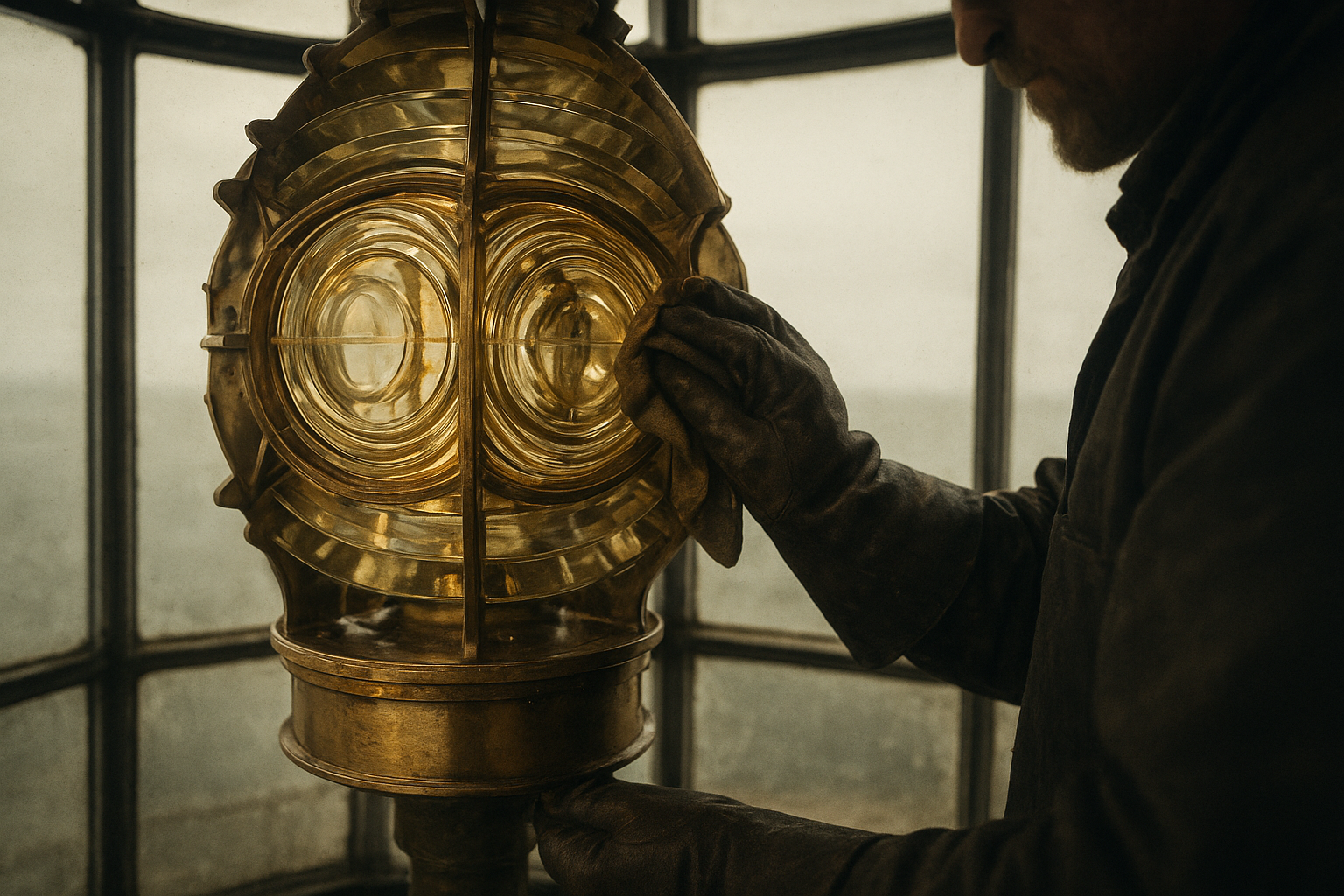 Archival close photograph of a brass Fresnel lens assembly being cleaned by a keeper in oilskin gloves