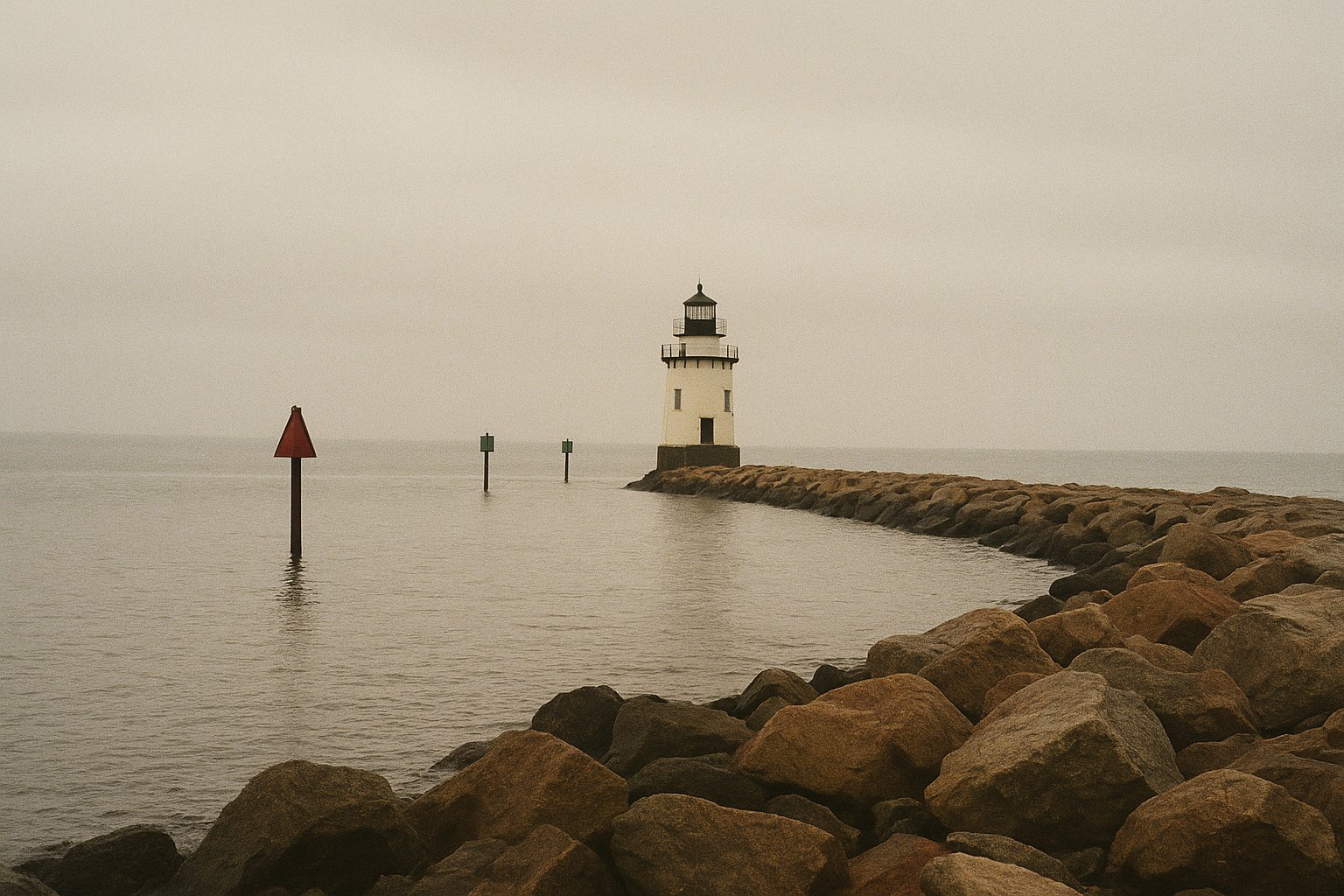 Muted archival shoreline photograph showing a lighthouse aligned with channel markers under overcast coastal light