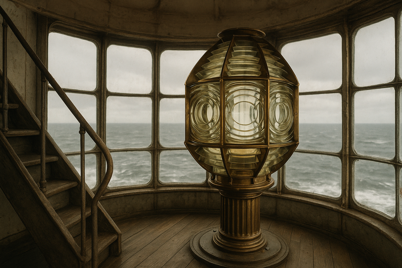 Warm film-style view inside a lighthouse lantern room with brass lens, weathered wood stairs, and stormy sea visible through glass