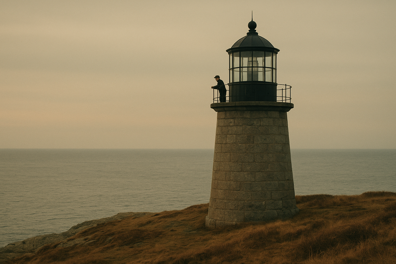 Wide archival photograph of a granite lighthouse on a wind-brushed headland at dawn, with soft grain and muted tones