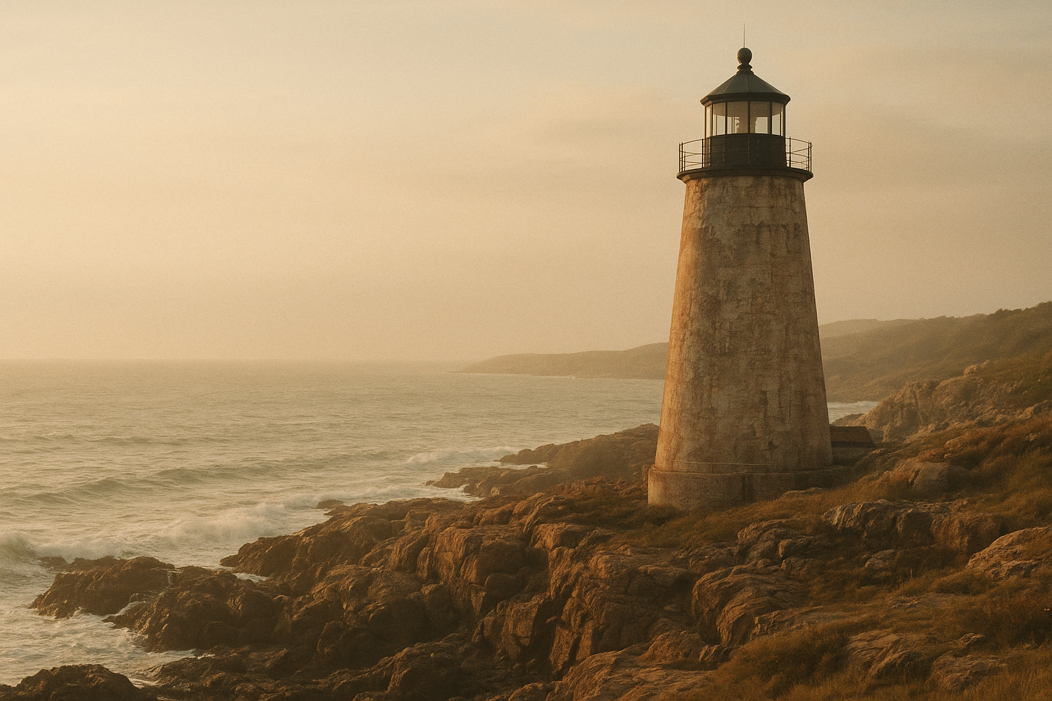 Historic stone lighthouse on a rugged northern coastline with sea haze and warm late-afternoon light