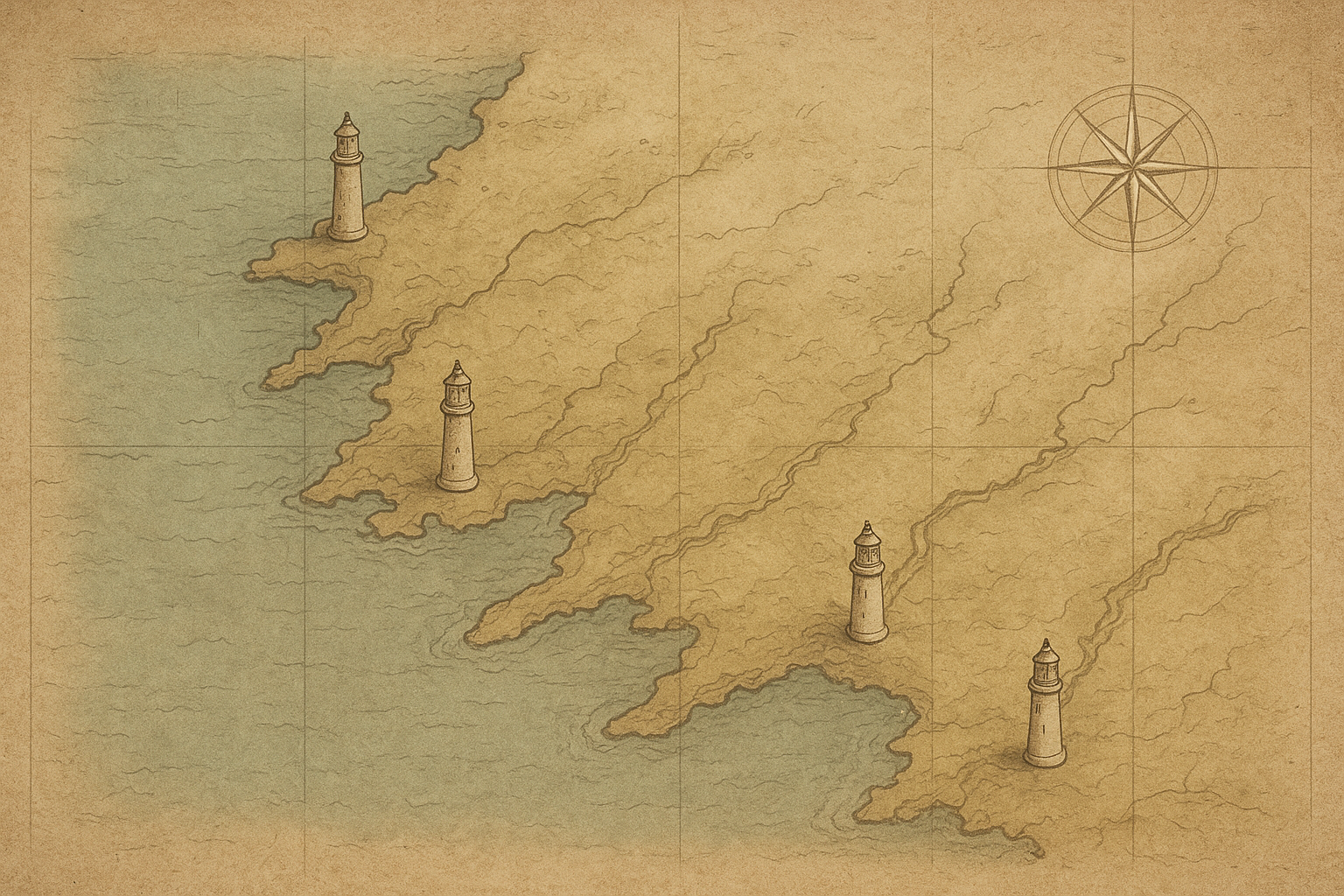 Stylized archival map of the northern coast showing preserved lighthouse towers and coastal markers