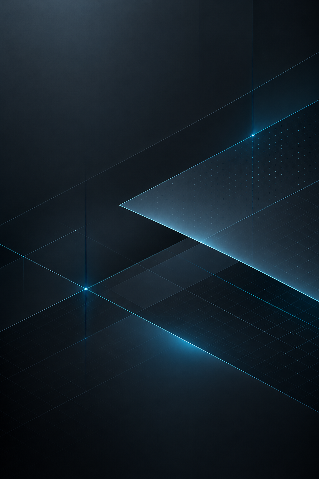 Abstract editorial-technology composition of geometric lines, layered soft grid structures, and cyan-blue highlights on a dark refined backdrop
