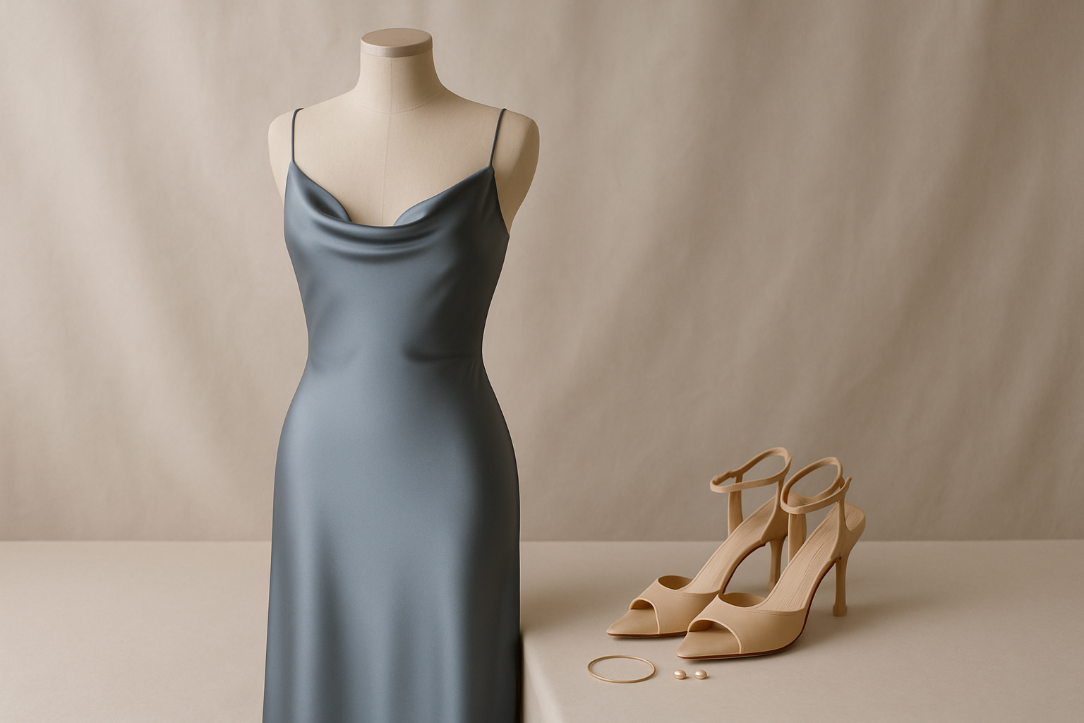Elegant occasion wear display featuring a satin midi dress, delicate heels, and soft lighting in a boutique