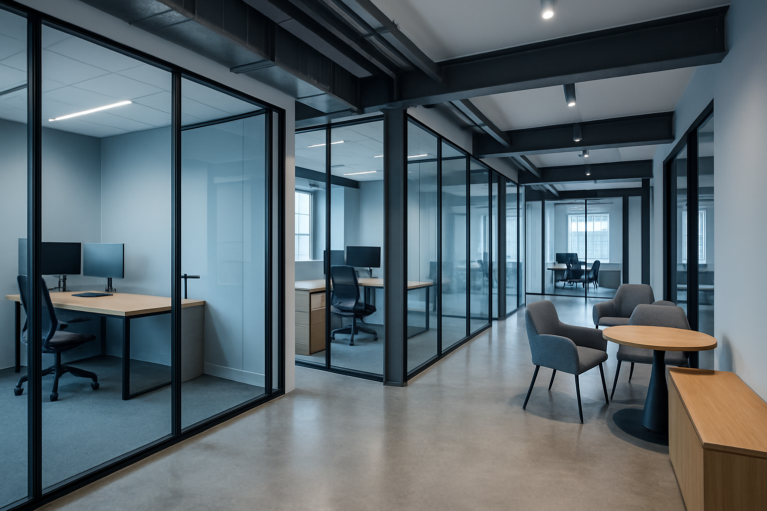Contemporary commercial office renovation with glass partitions and industrial accents