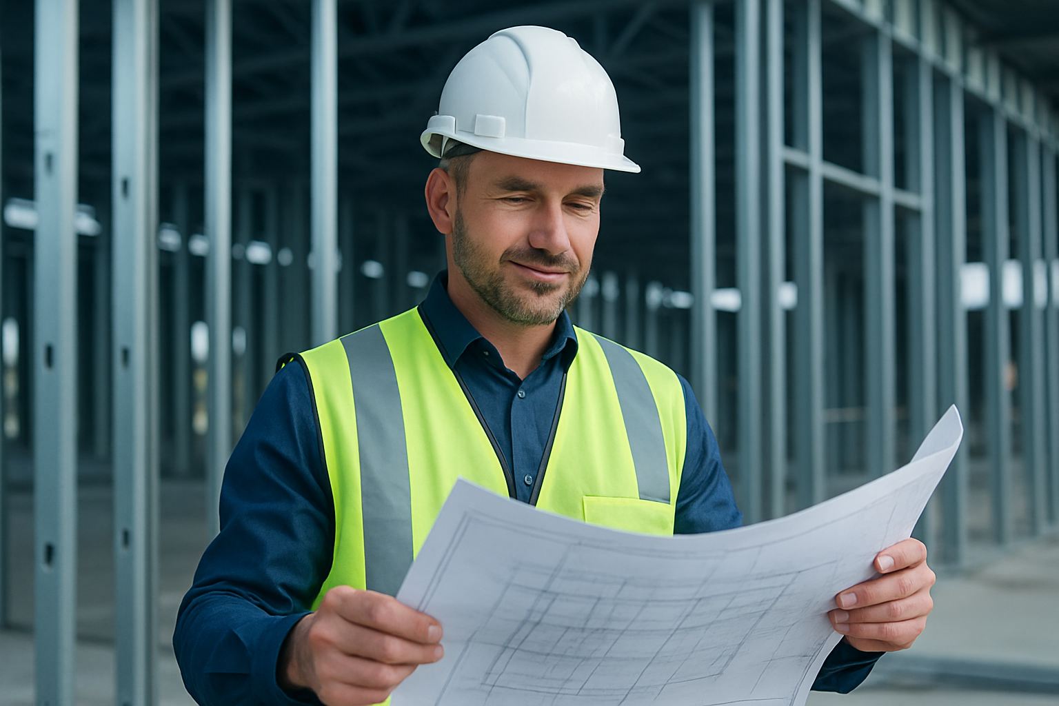 Professional construction foreman reviewing blueprints at an active commercial build site