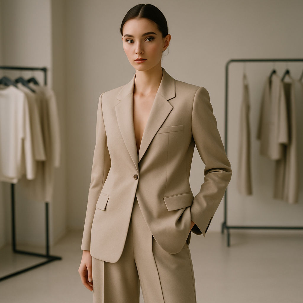 Elegant fashion model in a tailored neutral outfit standing in a softly lit boutique studio