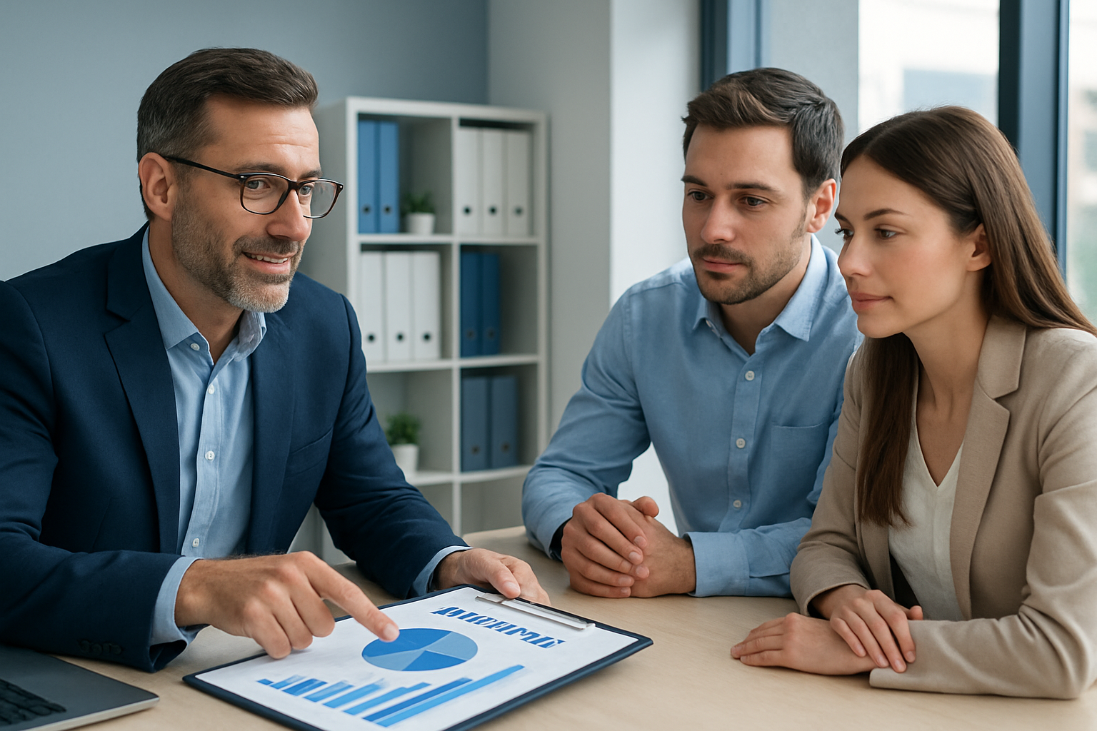 Advisor reviewing real estate market charts with a couple at a modern office desk