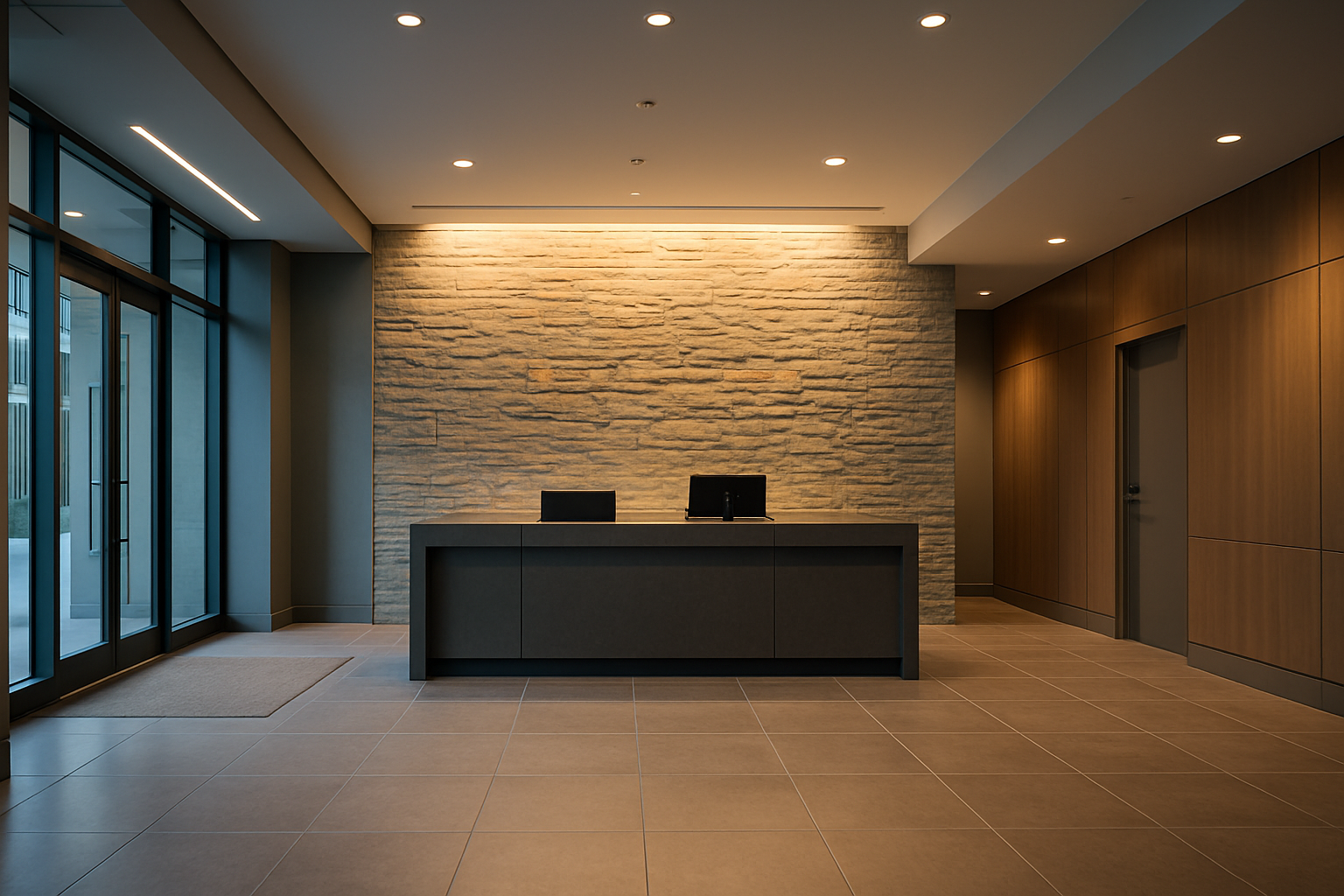 Modern mixed-use building lobby with stone feature wall and warm lighting