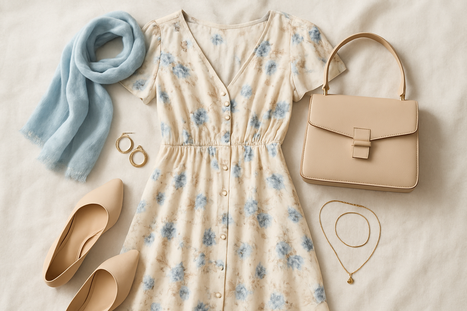 Seasonal fashion flat lay with a floral dress, lightweight scarf, and curated accessories on a soft fabric backdrop