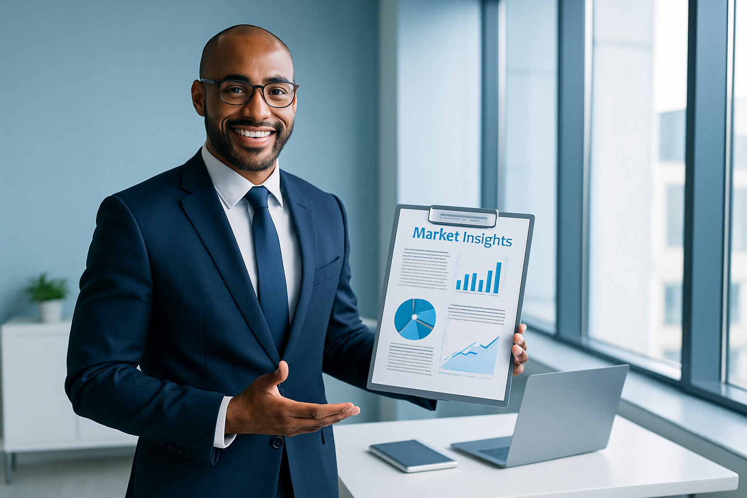 Professional real estate advisor presenting market insights in a bright modern office