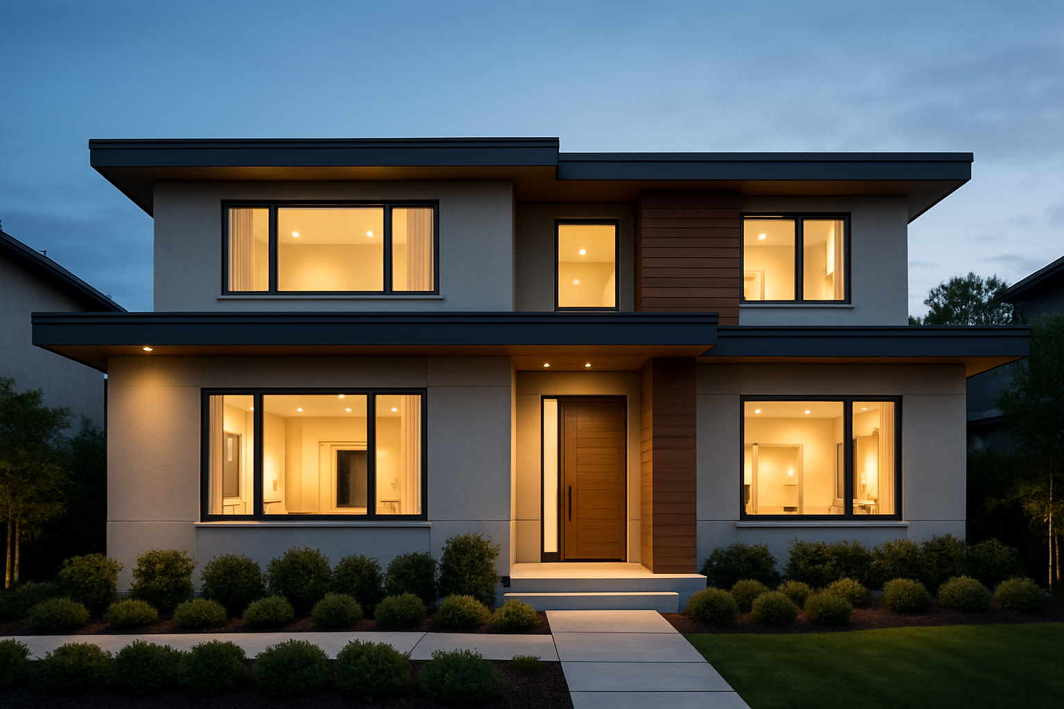 Modern two-story residential home exterior with clean lines and warm lighting