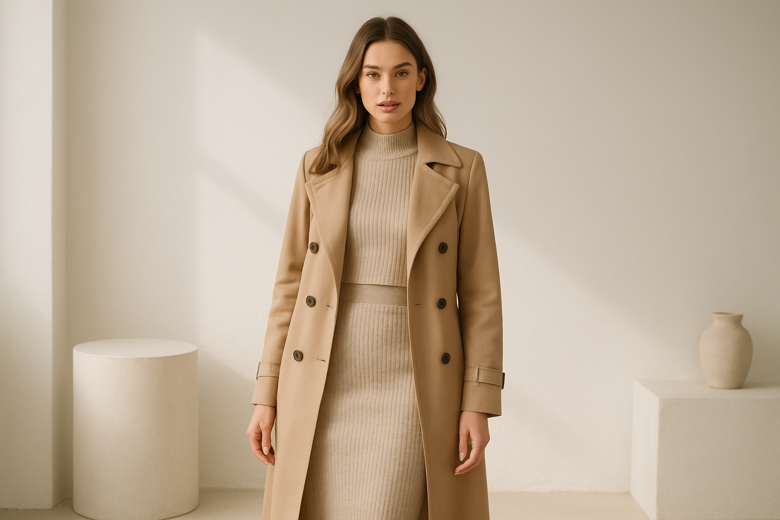 Bright boutique styling shot of a woman in a neutral knit set and tailored trench, standing in a modern studio