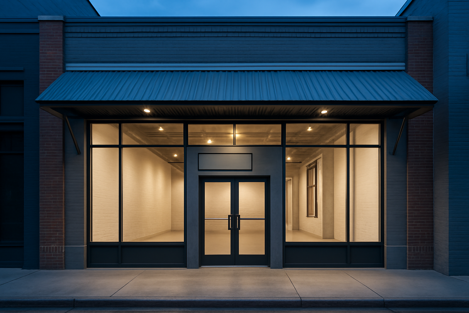 Renovated retail storefront with metal awning and polished concrete entry