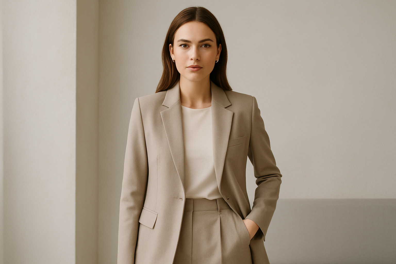 Chic office look featuring a woman in a tailored blazer and wide-leg trousers, styled in a minimalist setting