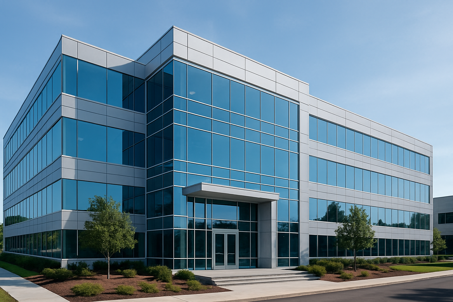 Modern glass-front corporate real estate building with clean lines and soft daylight