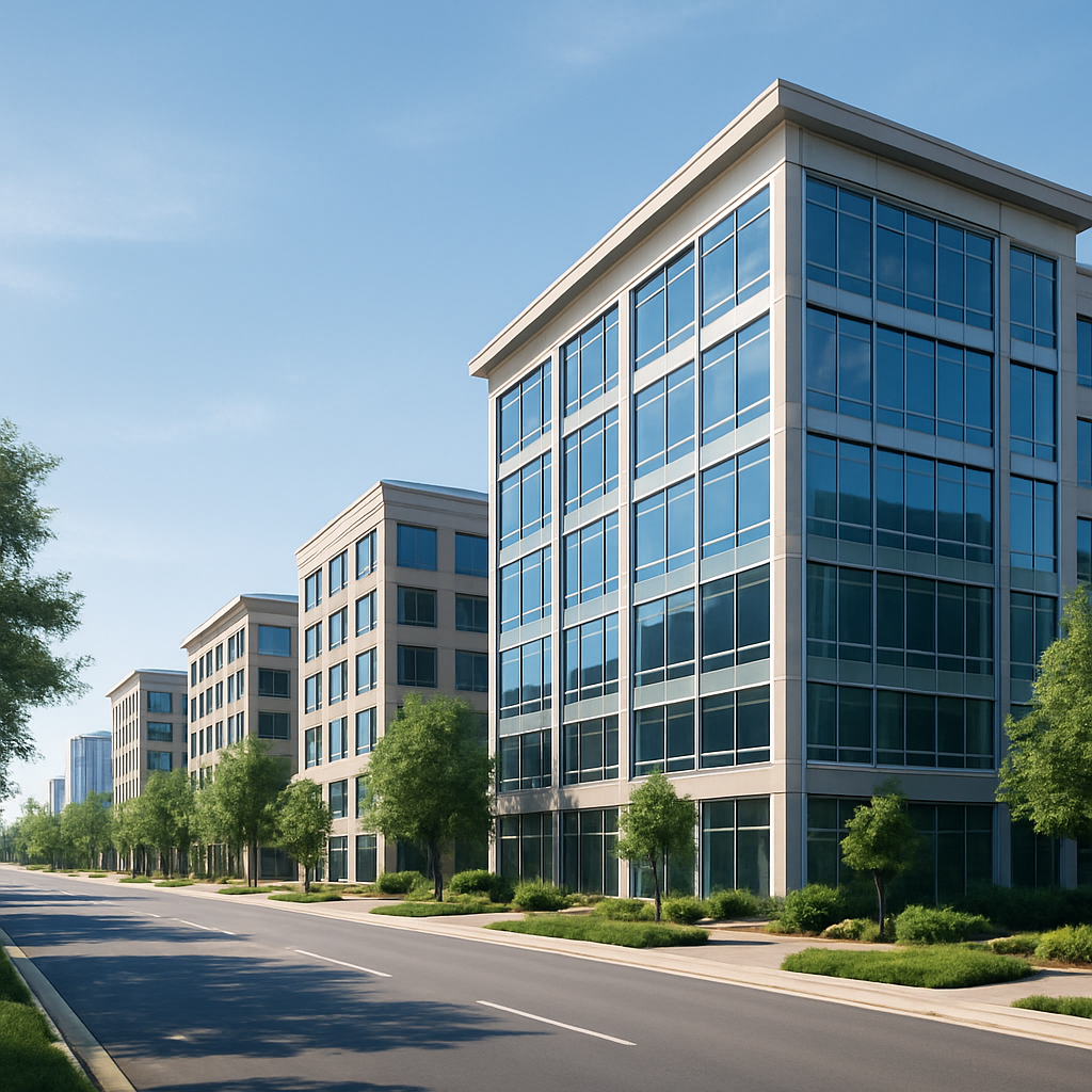 Sunlit downtown streetscape with modern mid-rise buildings and greenery