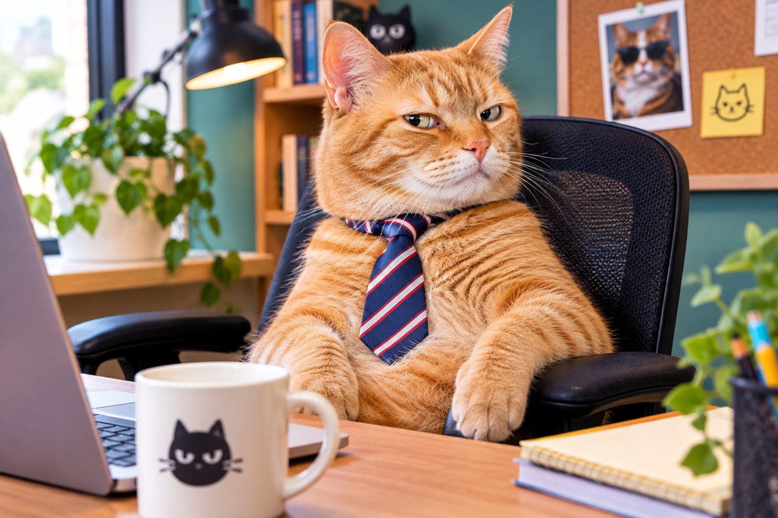 Orange tabby cat in a tiny office tie giving a stern side-eye while sitting in a desk chair