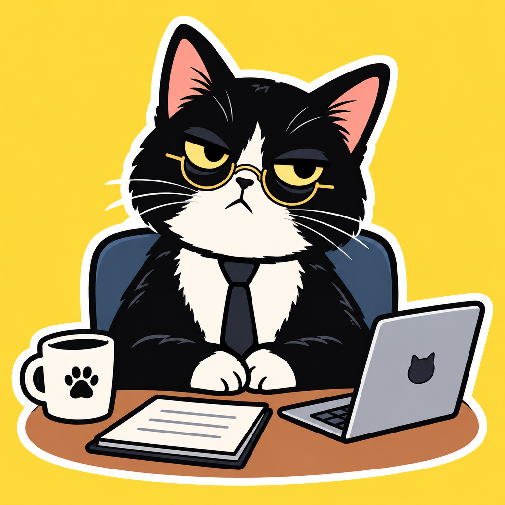 Tuxedo cat wearing tiny glasses and a necktie, unimpressed office sticker illustration