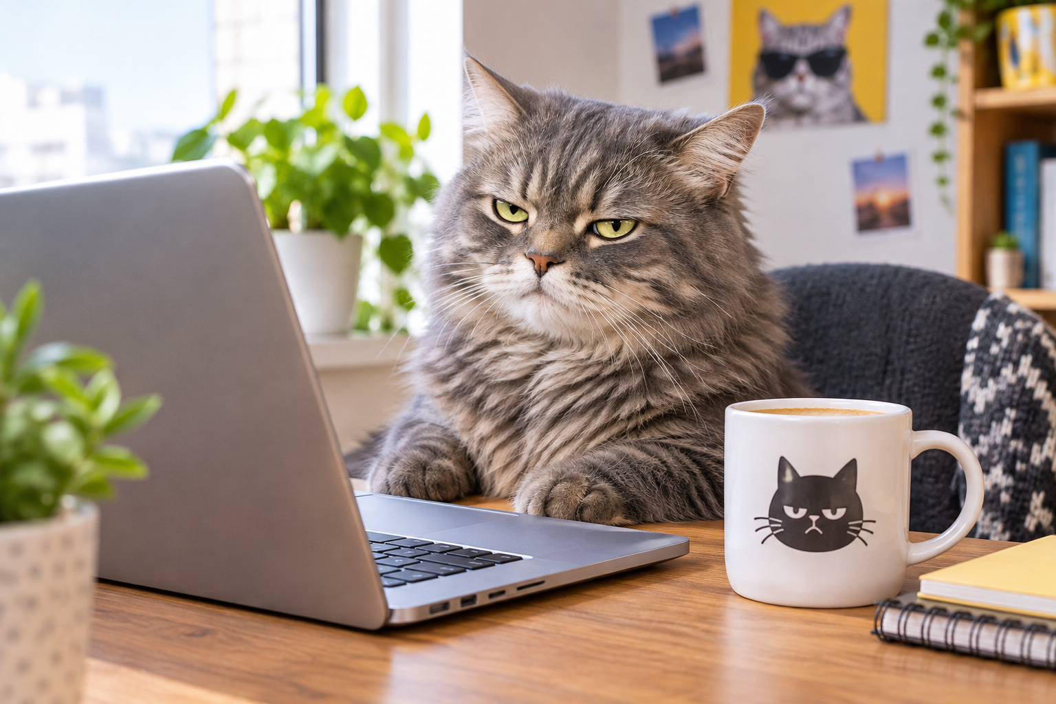 Fluffy gray tabby cat with narrowed eyes sitting beside a laptop and coffee mug