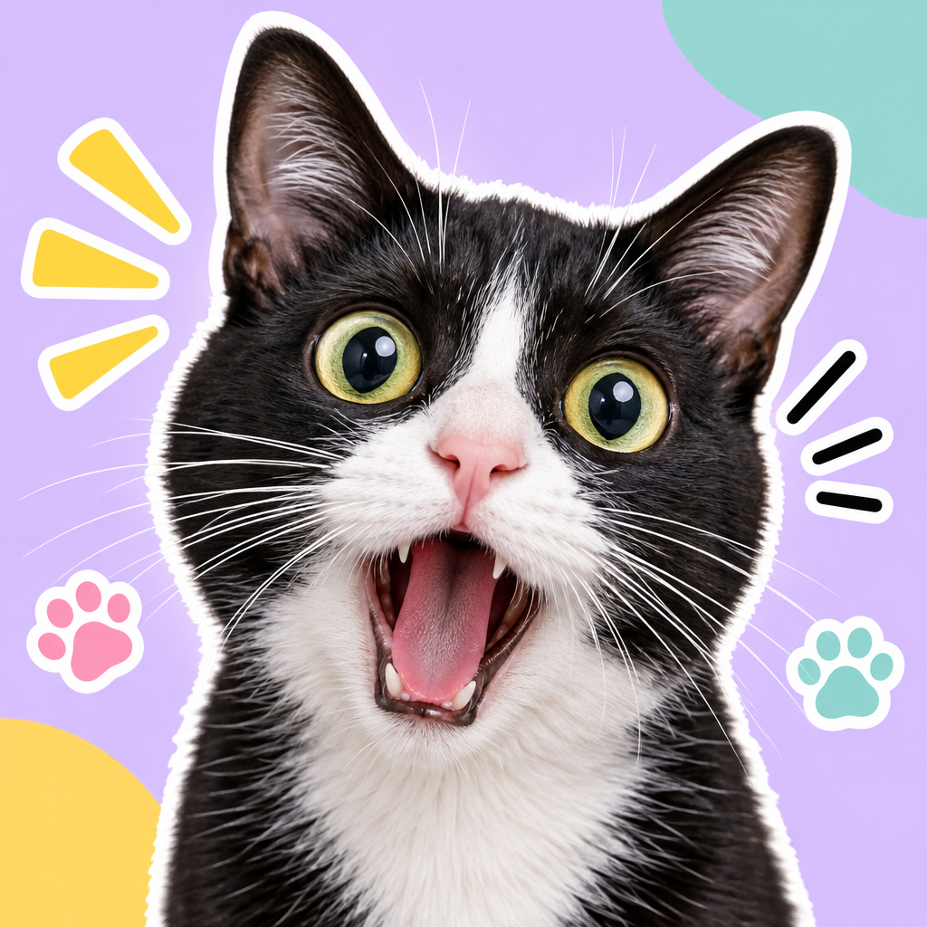 Black and white cat close-up mid-meow with a shocked reaction face