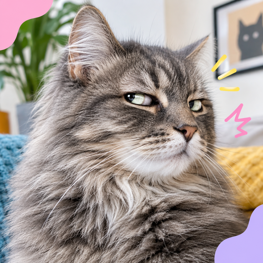 Gray tabby cat close-up giving a dramatic side-eye expression