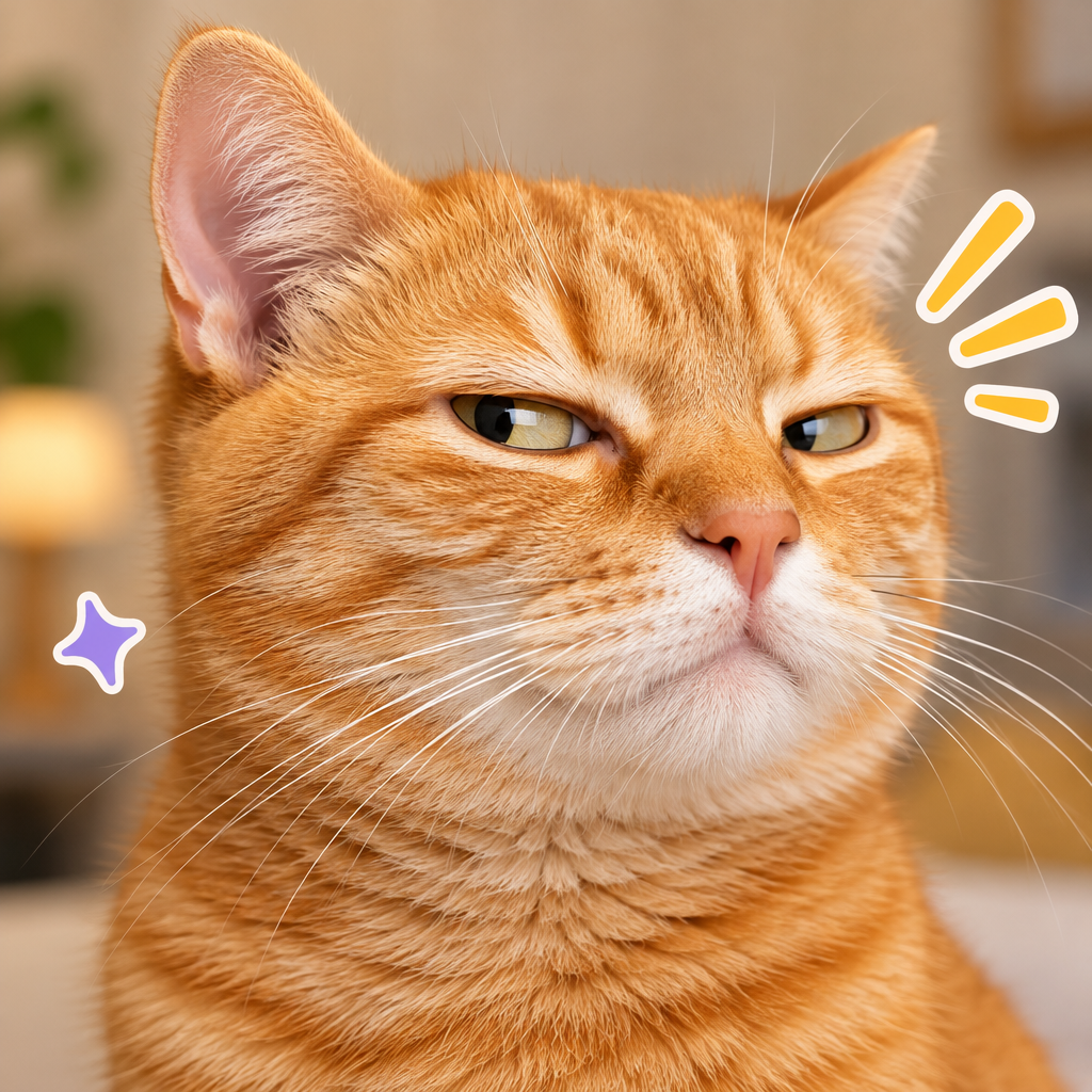 Orange cat close-up with a skeptical squint and raised whiskers
